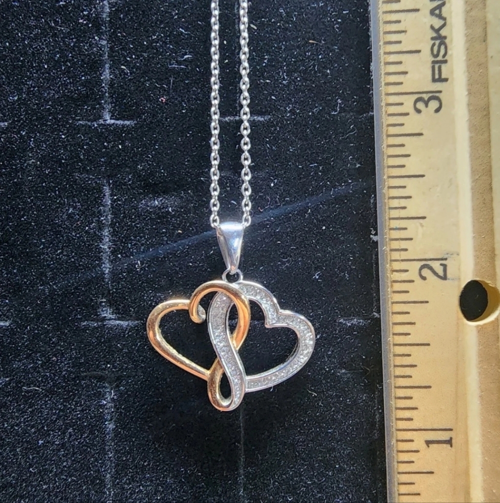 Vintage Sterling Silver/10k Gold/Dimaond Double Heart Pendant& Necklace Tested+